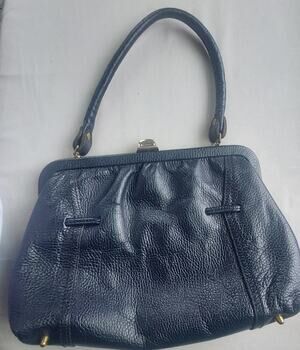 Navy Blue Pebbled Frame Bag Kiss Lock Top Handle Satchel Gold Hardware